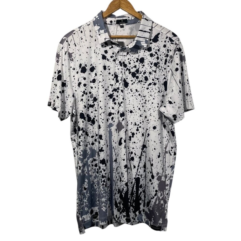 Trenton Polo Shirt Mens Sz L White Black Splatter Golf Performance Stretch NWT
